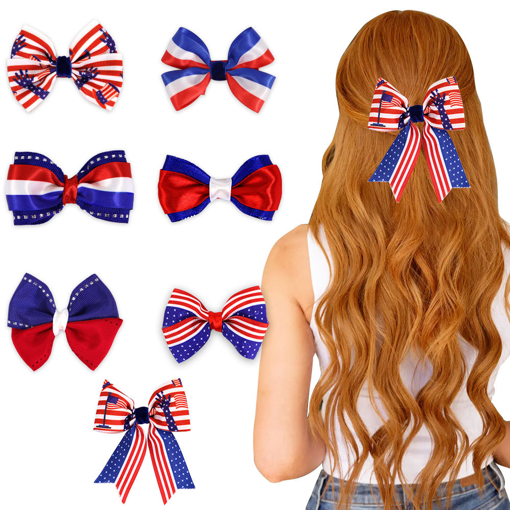 Nueva pinza para el cabello del Día de la Independencia de EE. UU., Clip lateral a rayas rojas, blancas y azules, accesorios para el cabello, estampado de estrellas y rayas femeninas, clip de pico de pato con lazo