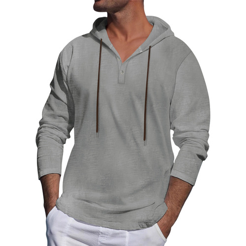 New Spring/Summer Men's Hoodie T-Shirt—Solid Color, Long Sleeve, Cotton-Linen, Simple & Casual Shirt – Europe and US Style