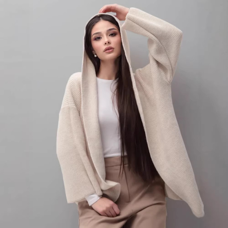 2026 New Style Knitted Hoodie Cross-Border Sweater with a Stylish and Relaxed Workwear Vibe, Loose White Hooded Sweater Coat for Women