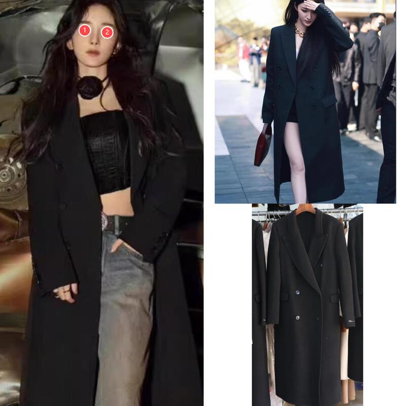 Black High-End Right Shoulder Double-Sided Woolen Outwear for Women Autumn and Winter New Wool Long Thickeneded Woolen Suit Jacket