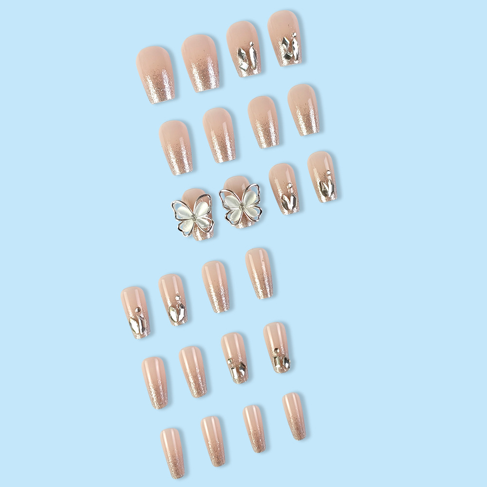 Uñas postizas de mariposa de moda en TikTok, estilo corto con pedrería y brillantina, pegatinas de uñas de lujo ligero para arte de uñas.