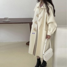 中长款牛角扣双面绒毛呢外套女上档次小个子泡泡袖娃娃领呢子大衣