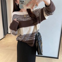 HF916慵懒随性金丝亮片宽松显瘦落肩船领宽条纹毛衣女2025秋冬