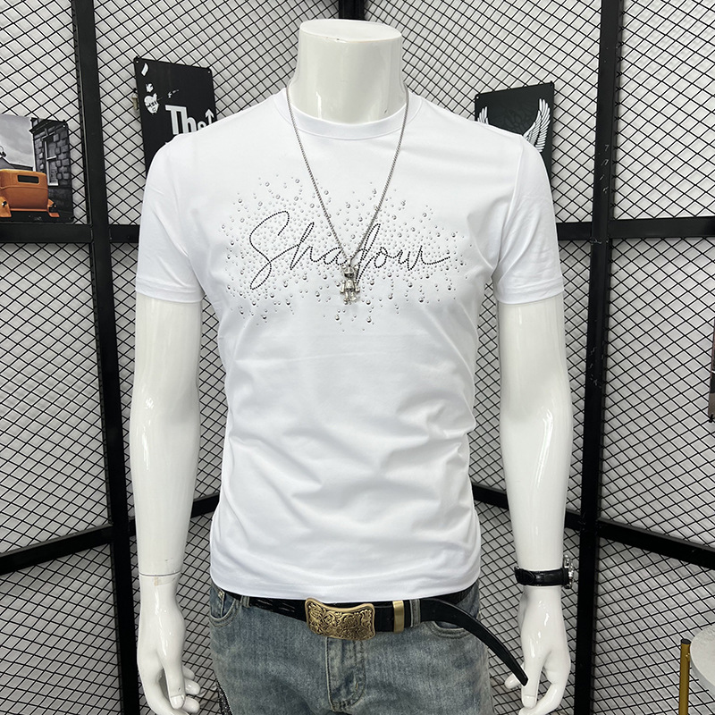 Men's Slim Fit Short Sleeve T-Shirt Heavy Duty Rhinestone And Letter Crew Neck Fashion Top New Arrival Summer_viptrois.com