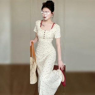 Plus Size Fat Girl's Elegant French Square Neck Floral Dress Women's Summer New Waist Slimming Look Hip Long Skirt