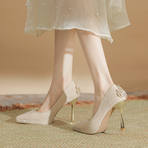 102-L17 fine sparkling rhinestones, high-end waterproof platform pointed toe stiletto high heels, bridesmaid shoes, non-tiring feet, wedding shoes for women