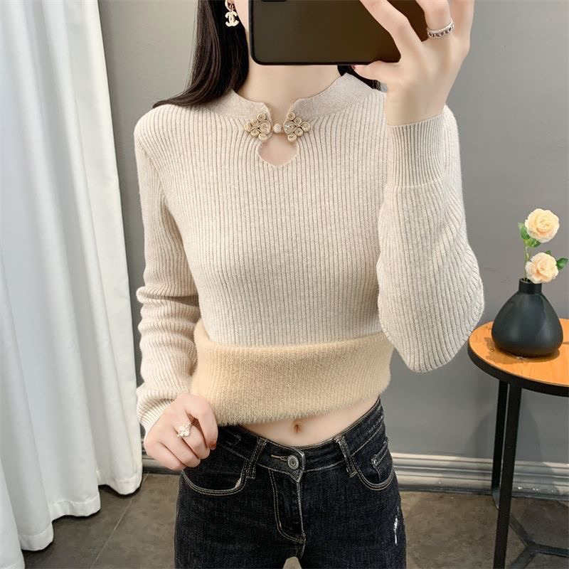 New Chinese style integrated fluff sweater new style button plus velvet women's sweater 2025 long-sleeved base shirt thickened in autumn and winter