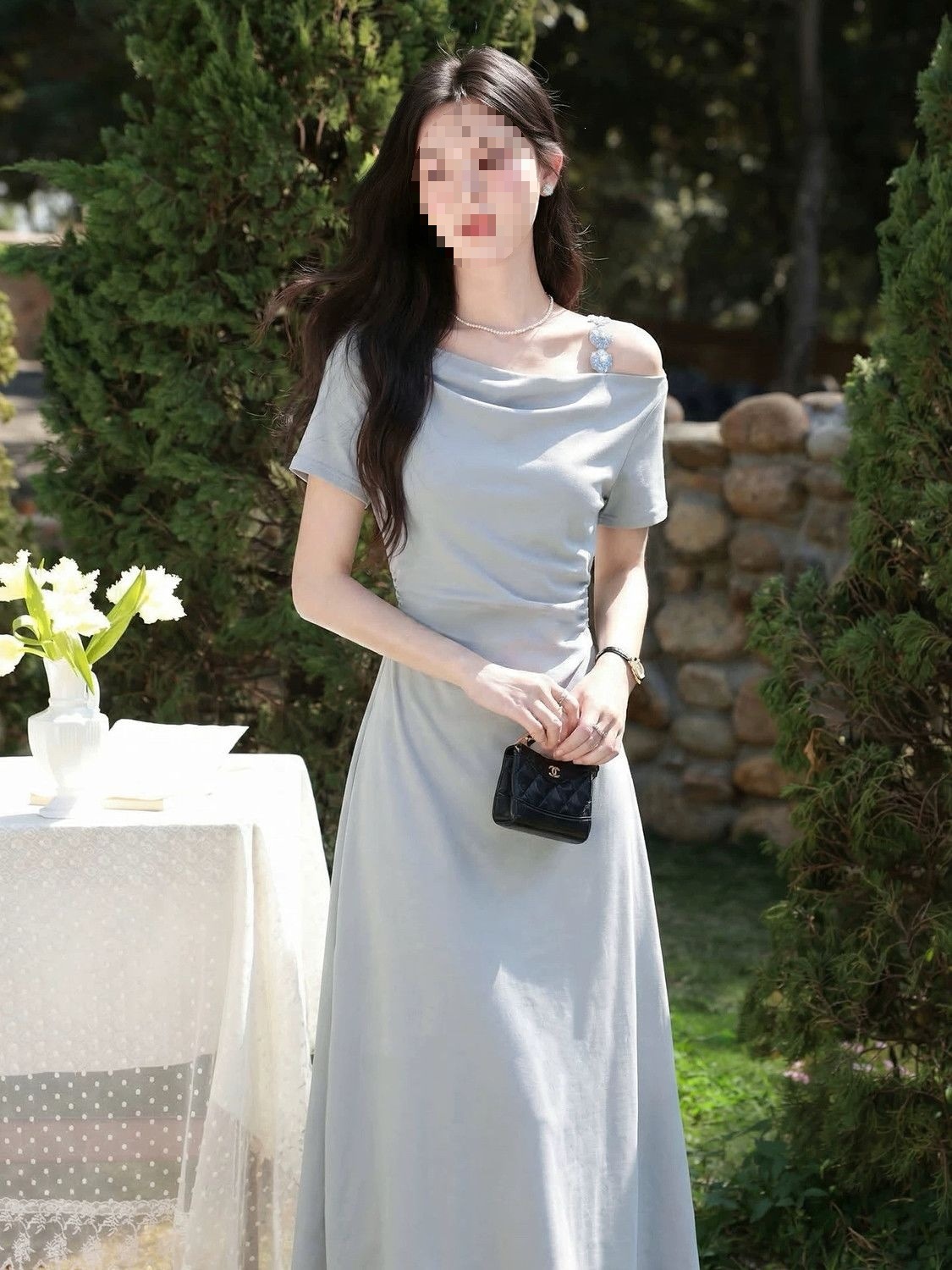 Váy đầm maxi nữ thắt eo thiết kế một chữ vai kiểu Pháp thuần màu — xanh lam, màu tím chi tiết 9