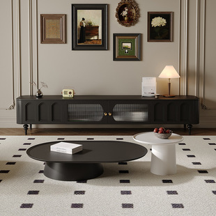 French Retro Tv Cabinet Coffee Table Combination Modern Simple Living Room Floor Cabinet Solid Wood Black Mid-Century Style Tv Cabinet