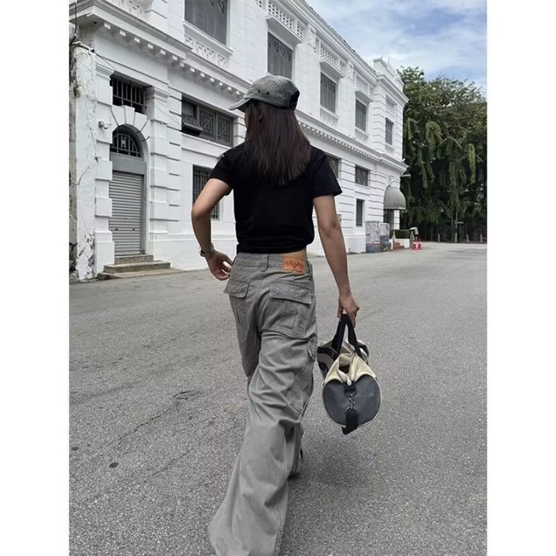 美式高街大口袋弯刀裤女工装裤设计感宽松褶皱嘻哈休闲水洗长裤潮|undefined