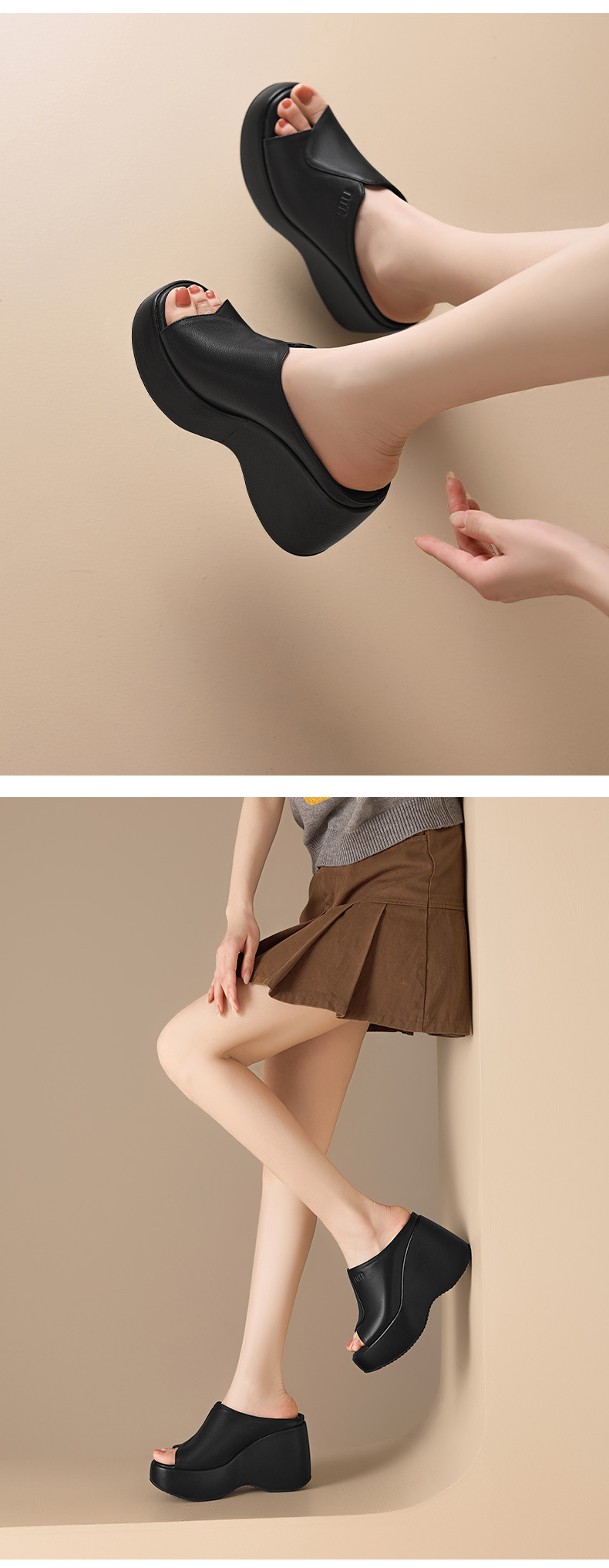 Dép sandal nữ quai chữ V đế xuồng cao 10 cm, chất liệu da thật, nhẹ nhàng — màu đen, Trắng kem- chi tiết 7