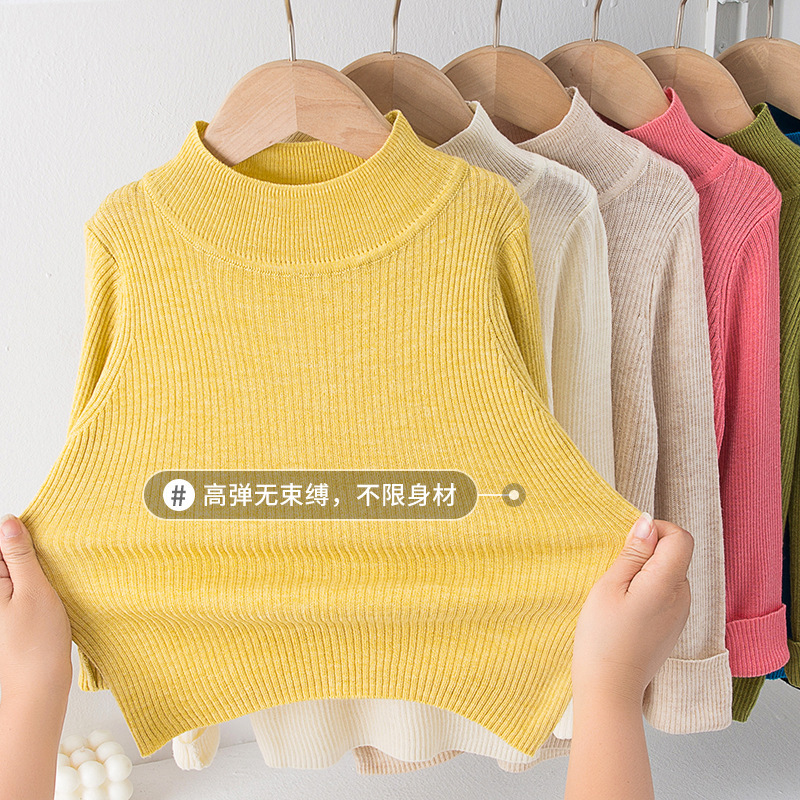 Suéter tipo jersey para niñas, otoño-invierno 2025, color liso, cuello medio alto, capa base de lana, manga larga, para niñas pequeñas.