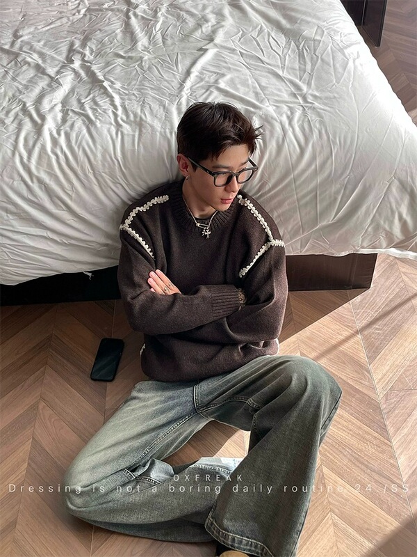 轻熟风立体编织花边老钱风毛衣男士秋冬季百搭宽松休闲保暖针织衫|undefined