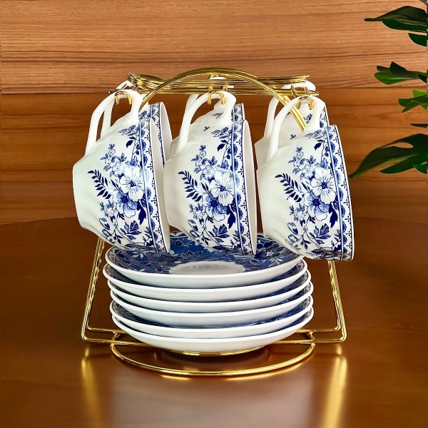 Conjunto de tazas y platos de café de porcelana azul, set de tazas y platos de café de cerámica, set de tazas y platos de café de la tarde, M cucharada de tazas y platos de desayuno