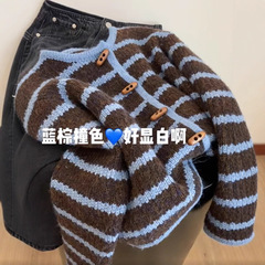 复古风条纹牛角扣设计感上衣毛衣外套减龄羊毛针织开衫长袖女