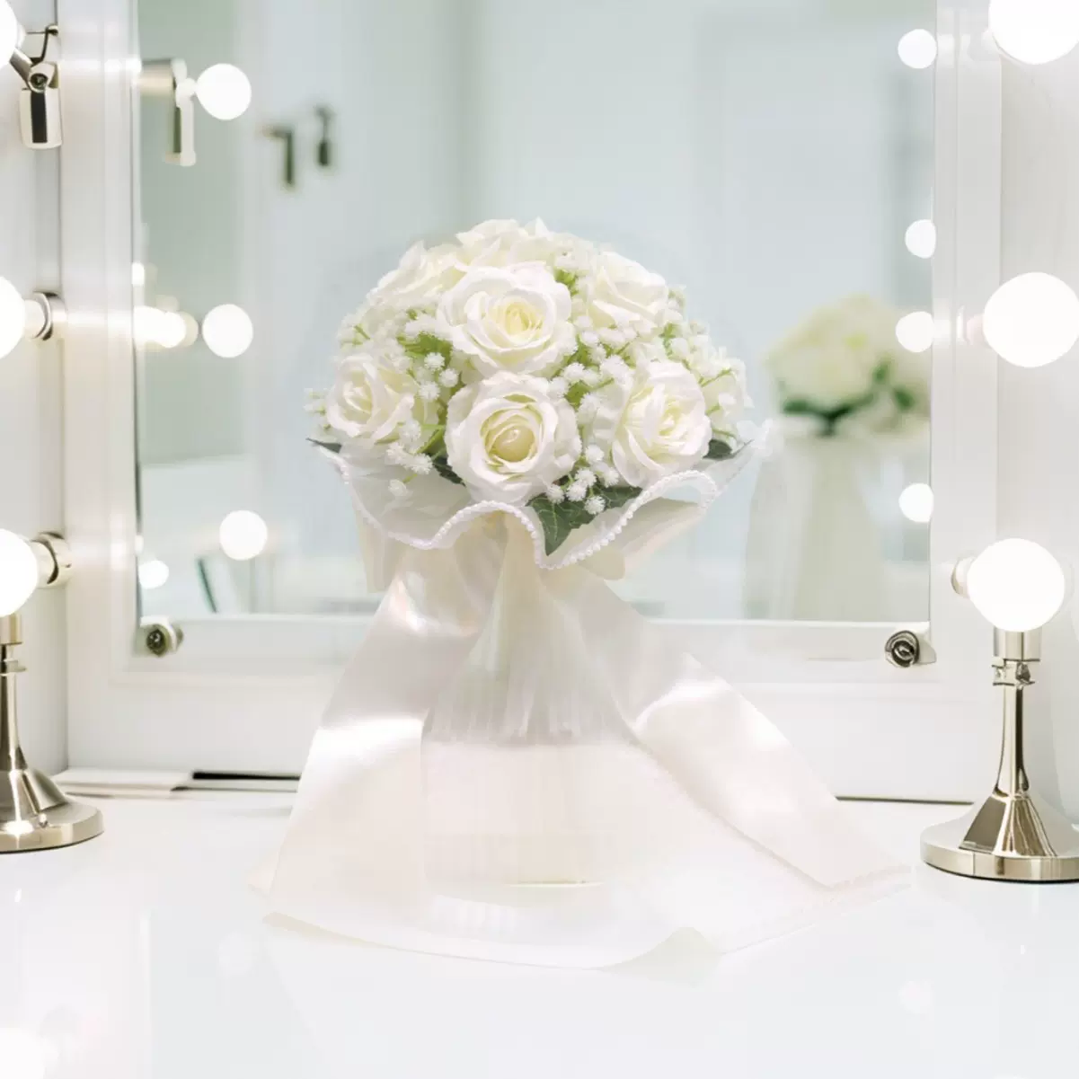 新娘玫瑰手捧花满天星结婚伴娘逼真仿真花花枝婚礼拍摄登记道具