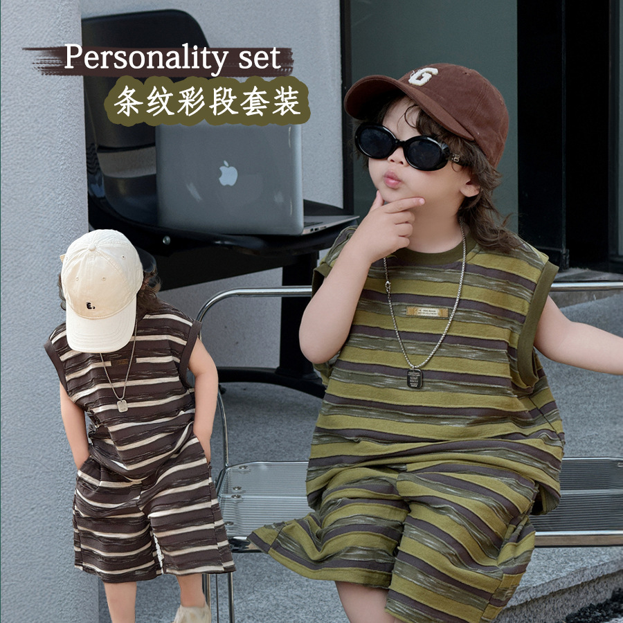 寶寶夏天衣服薄款男童衣服夏款韓版童裝兒童條紋彩段套裝