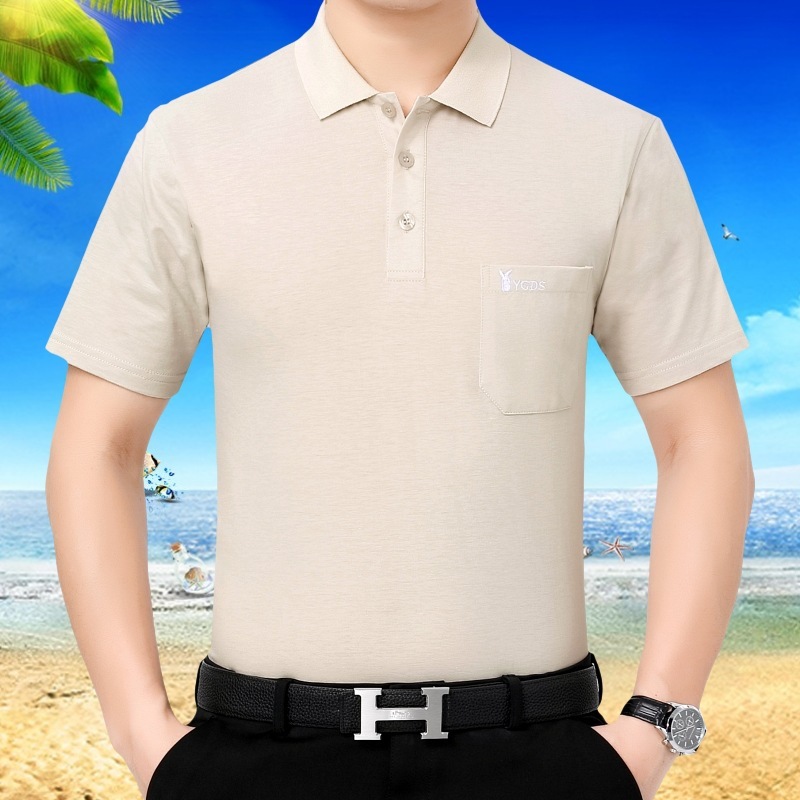 父純綿tシャツ男半袖中年男服折り襟真袋純色男中老人カジュアルtシャツ男|undefined