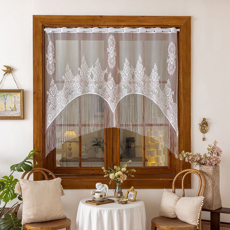French-Style European White Lace Kitchen Partition Curtain, Jacquard Floral Coffee Curtain, Door Curtain, Bay Window Short Curtain, Cabinet Decoration