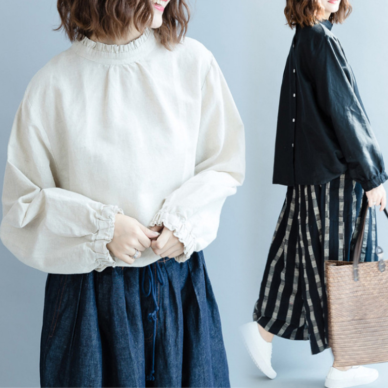 Spring and Autumn New Korean Style Loose Plus Size Tops Fashionable Fungus Lace Versatile Long-Sleeved Shirts for Women Spring and Autumn New Korean Style Loose Plus Size Tops Fashionable Fungus Lace Versatile Long-Sleeved Shirts for Women
