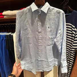 天花板版本现货RL家新款刺绣亚麻衬衫时尚百搭OS宽松版型男女同款