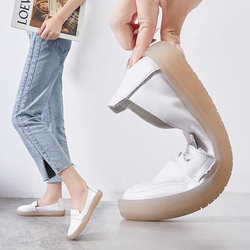 2024 New Spring Top Layer Cowhide Women's Shoes White Shoes Single Shoes Loafers Women's Flat Heel Round Toe Versatile Slip-On