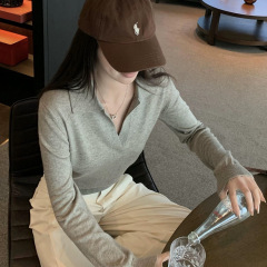 韩系灰色POLO衫正肩长袖针织衫女早秋气质高级感短款修身翻领上衣