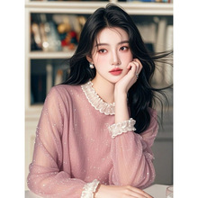 2025春季新款法式亮丝雪纺衫别致漂亮蕾丝花边宽松小衫衬衫上衣女