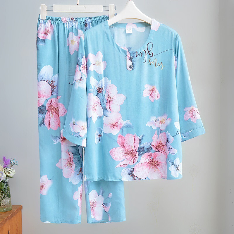 女性用綿シルクパジャマ、夏用薄手、中高年ママ、ゆったり綿シルクホーム服、七分袖お出かけスーツ|undefined