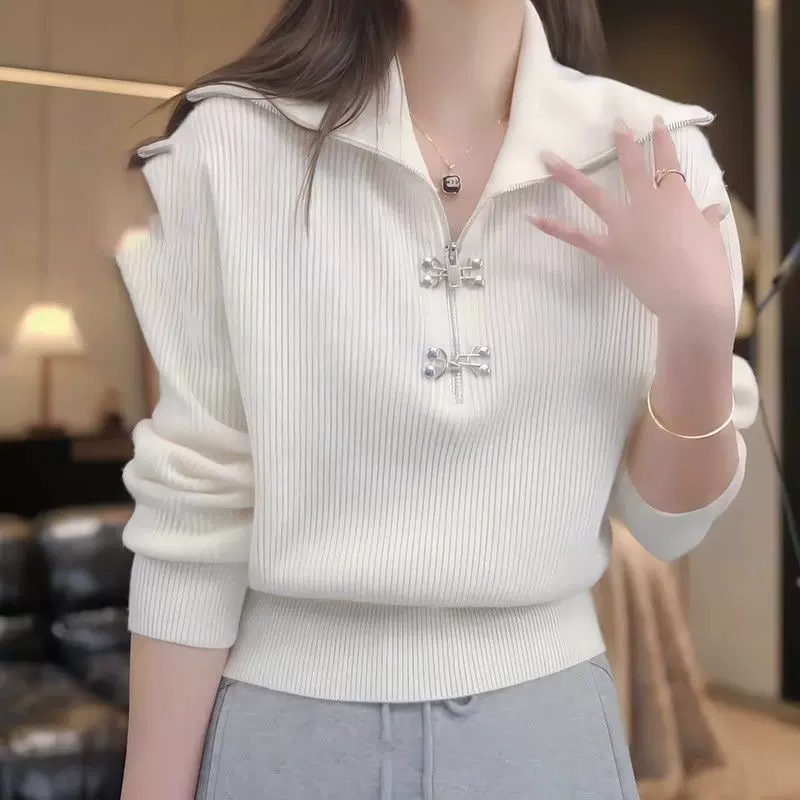 简约高级感时尚气质翻领小众针织衫女2025秋冬新款高级别致毛衣