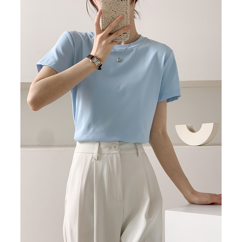 Blue Short-Sleeved T-Shirt for Women 2026 New Style Petite Pure Cotton Solid Color Round Neck Base Shirt Summer Korean Casual Style