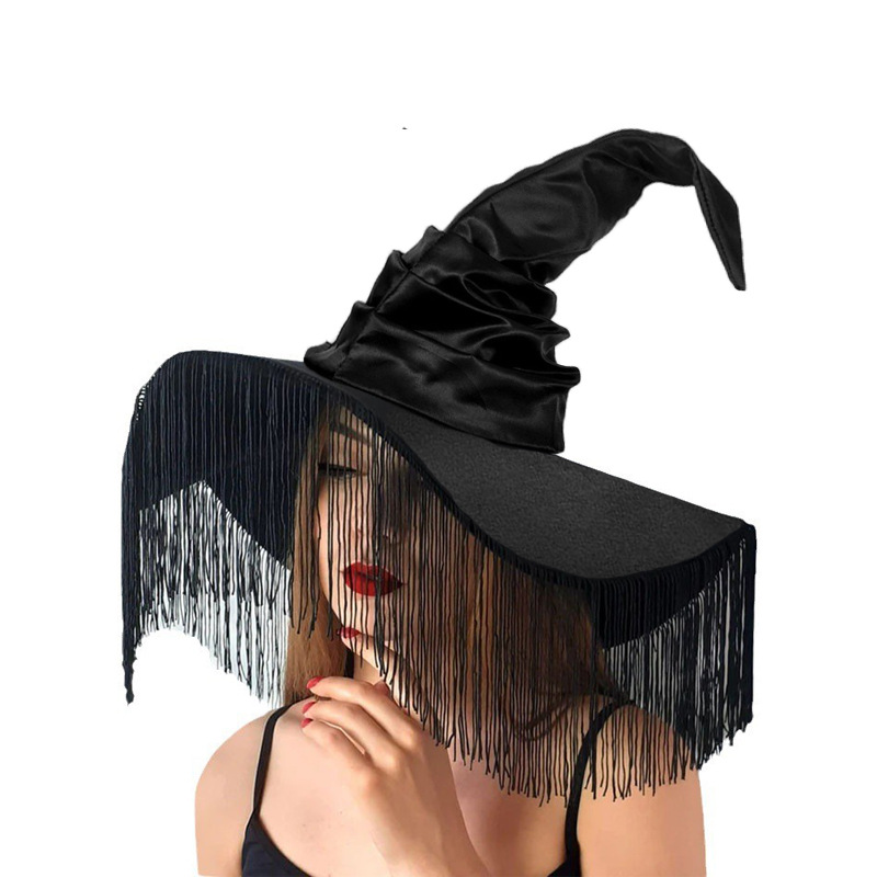 Nuovo cappello da strega in tessuto con frange plissettate per Halloween, colore nero, per feste_voghion.com