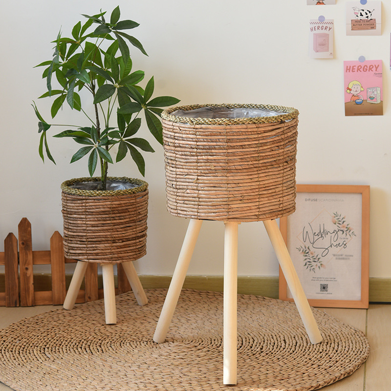 Balcón nórdico de caña decorativo de plantas estante de madera sólida sala de estar tipo piso de paja flor trenzada en maceta bambú trenzado estante