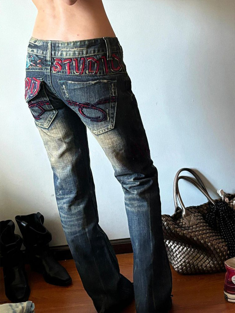 ​​Vintage Low-Rise Distressed Jeans For Women - Y2k Style With Heavy Embroidery, Baggy & Long Straight Leg Denim Pants​​_ecoleips.com