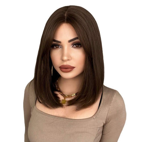 Foreign trade ladies small T front lace wig chemical fiber full headgear brown short straight hair middle parted Bob Lace Wigs