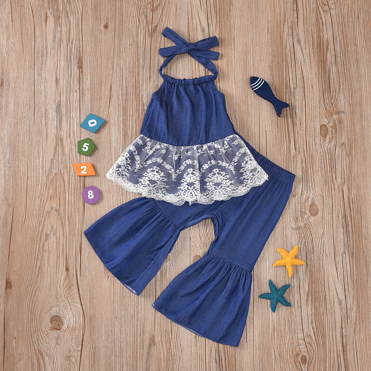 2021夏季新款中小女童跨境外贸挂脖蓝色露肩蕾丝上衣喇叭长裤两件|ms