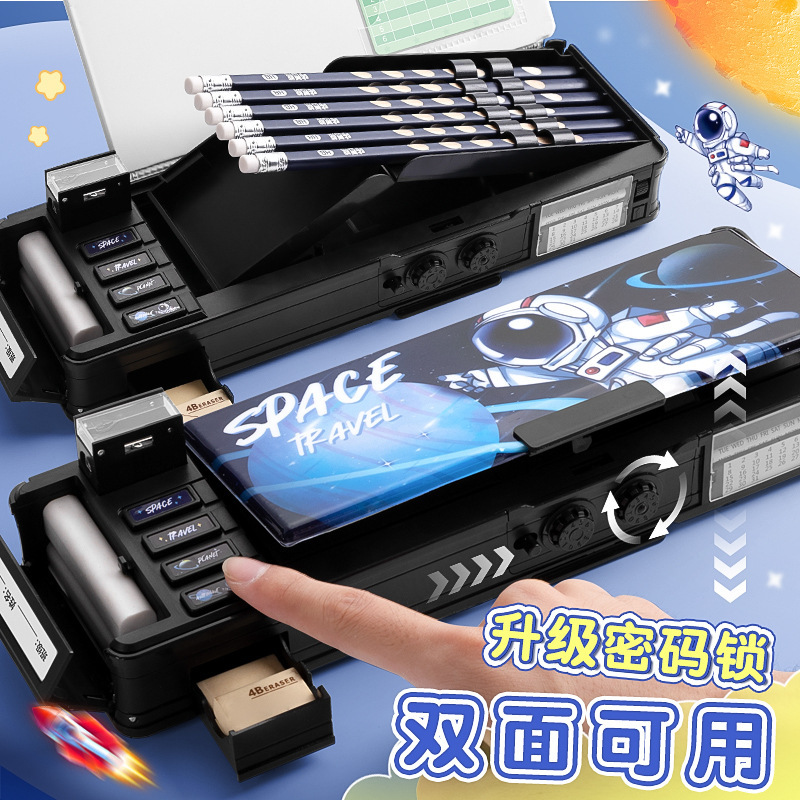 Caja de lápices multifuncional para niños Caja de lápices de bloqueo de contraseña para niñas Escuela primaria para niños Estuche de lápices de gran capacidad de doble capa para niños