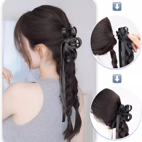 Fish Tail Braid Child Simulation Hair Volume Ballet Style Claw Clips Double Braid Natural Sweet Ribbon Fake Ponytail