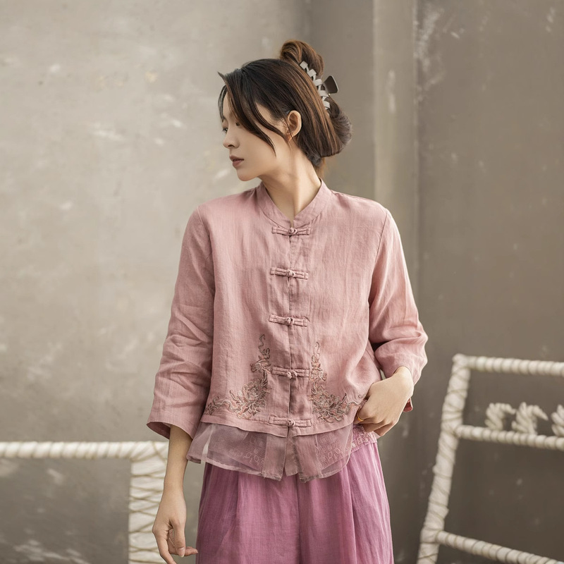 Spring 2025 Ramie Embroidery Stitching Full Hanging Top Heavy Industry Embroidery Stitching Organza Nine-point Sleeve Shirt