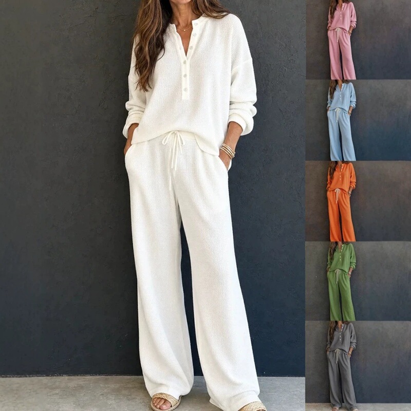 2026 New European and American Cross-Border Women's Fashion Retro Casual Lazy Style Solid Color Waffle Long-Sleeve Shirt and Pants Set