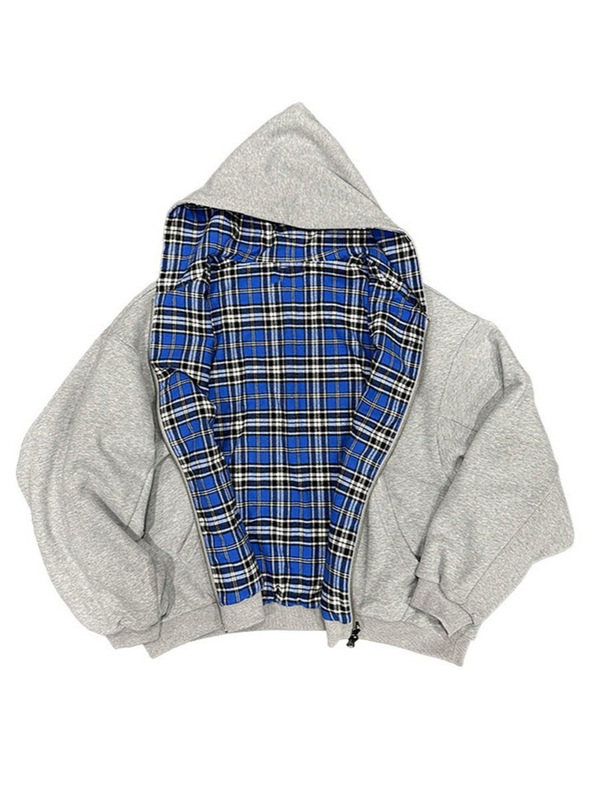 Export 2025 Fall Winter New Amazon Style Hooded Zip Up Plaid Patchwork Reversible Sweatshirt Men's Export 2025 Fall Winter New Amazon Style Hooded Zip Up Plaid Patchwork Reversible Sweatshirt Men's