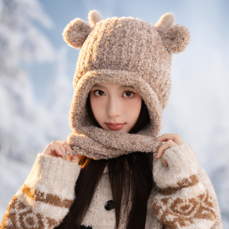 新款麋鹿耳朵帽子女秋冬甜美可爱套头帽户外防寒保暖帽休闲毛绒帽|undefined