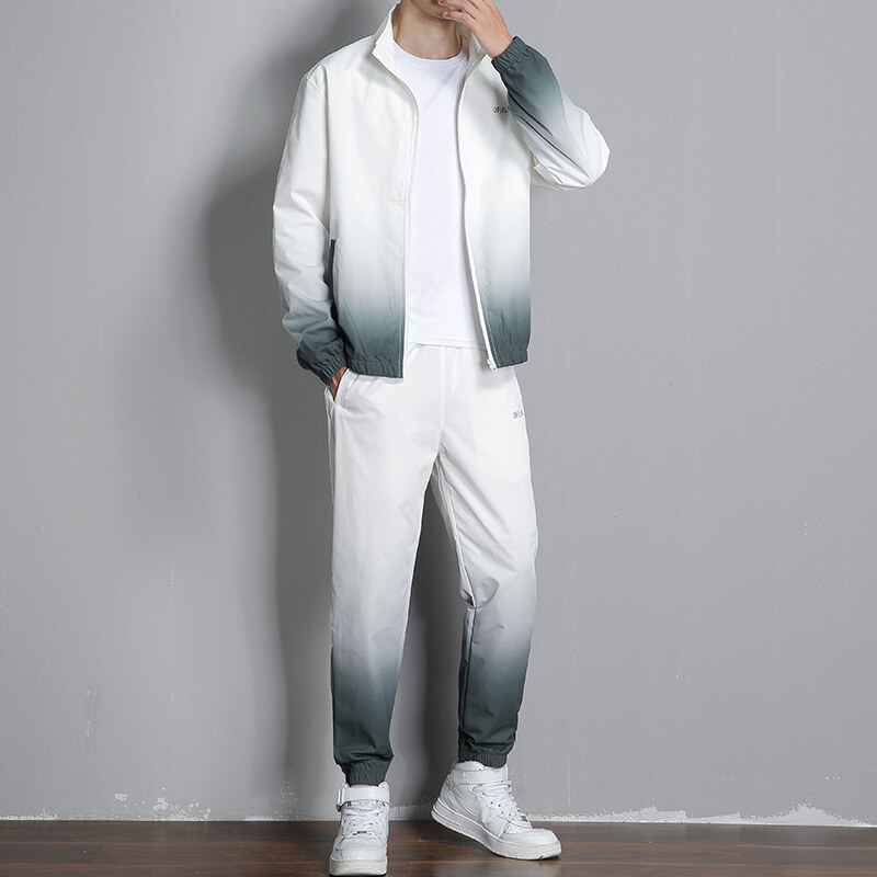 Primavera y otoño suéter de color gradiente ropa deportiva masculina primavera ropa de trabajo de moda abrigo de cuello de pie casual hombre conjunto de dos piezas transfronterizo