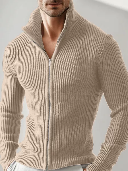 Cross-Border European and American New Style Men's Versatile Zip-Up Cardigan Long-Sleeve Jacket with Ribbed Stand Collar, Slim-Fit Solid Color Top