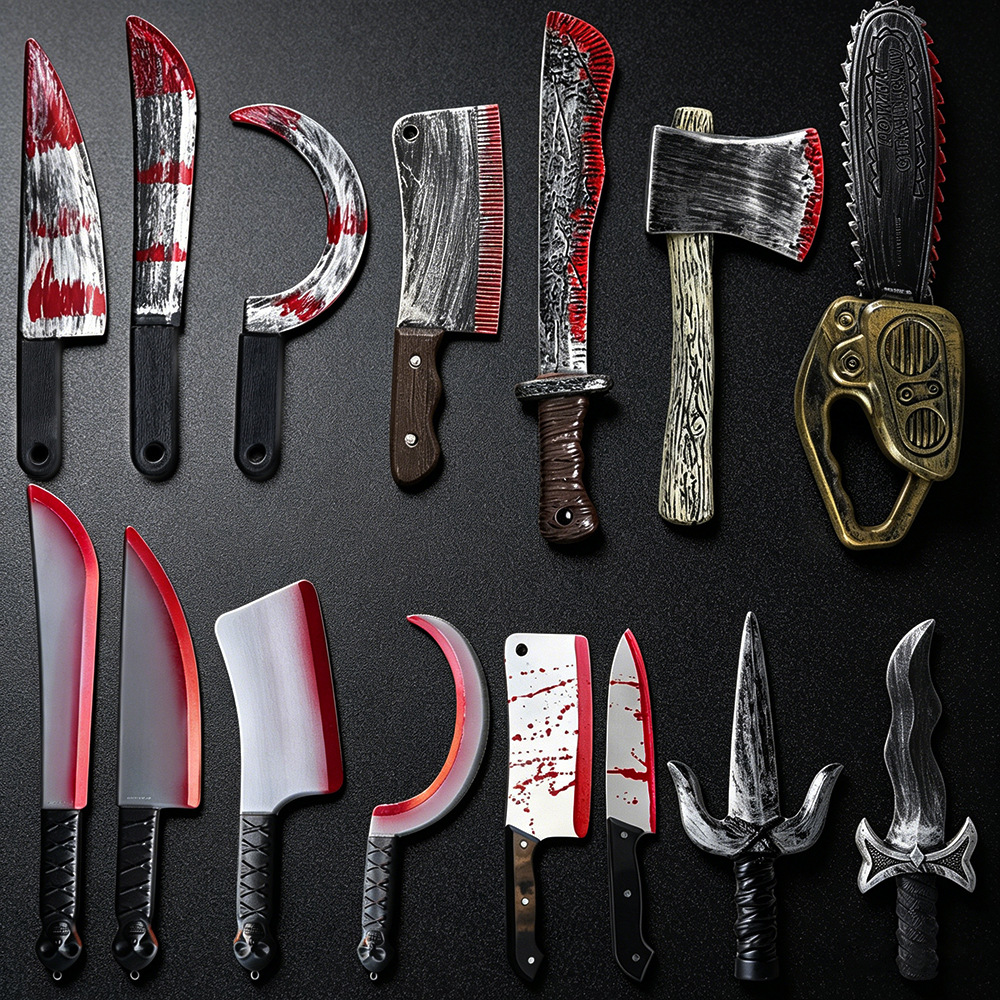 Cuchillo de juguete para Halloween, cuchillo curvo realista, cuchillo de cocina falso manchado de sangre, machete, hacha, motosierra, cuchillo afilado moldeado por soplado, daga para disfraz.