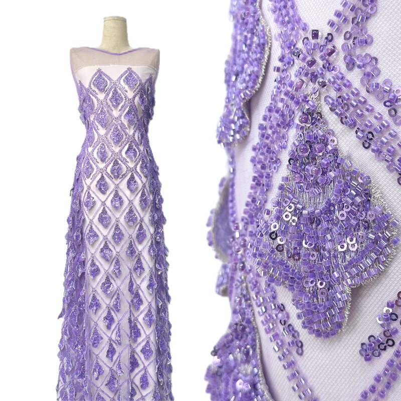 Noble Purple Heavy-Duty Beaded Sequin Embroidered Mesh Fabric for Wedding Dresses, Professional Design, Handmade DIY Noble Purple Heavy-Duty Beaded Sequin Embroidered Mesh Fabric for Wedding Dresses, Professional Design, Handmade DIY