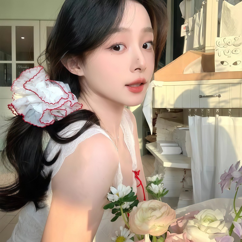 61#붉은 꽃무늬 주름 레이스 - 대장머리끈