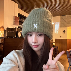 潮牌字母N刺绣毛线帽男女同款保暖针织帽简约百搭宽松刺绣帽子