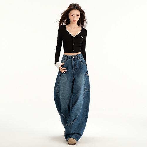 Mali & American Vintage | Cropped Denim | Letter Embroidery | Patchwork Loose-Fit Wide-Leg Denim Pants