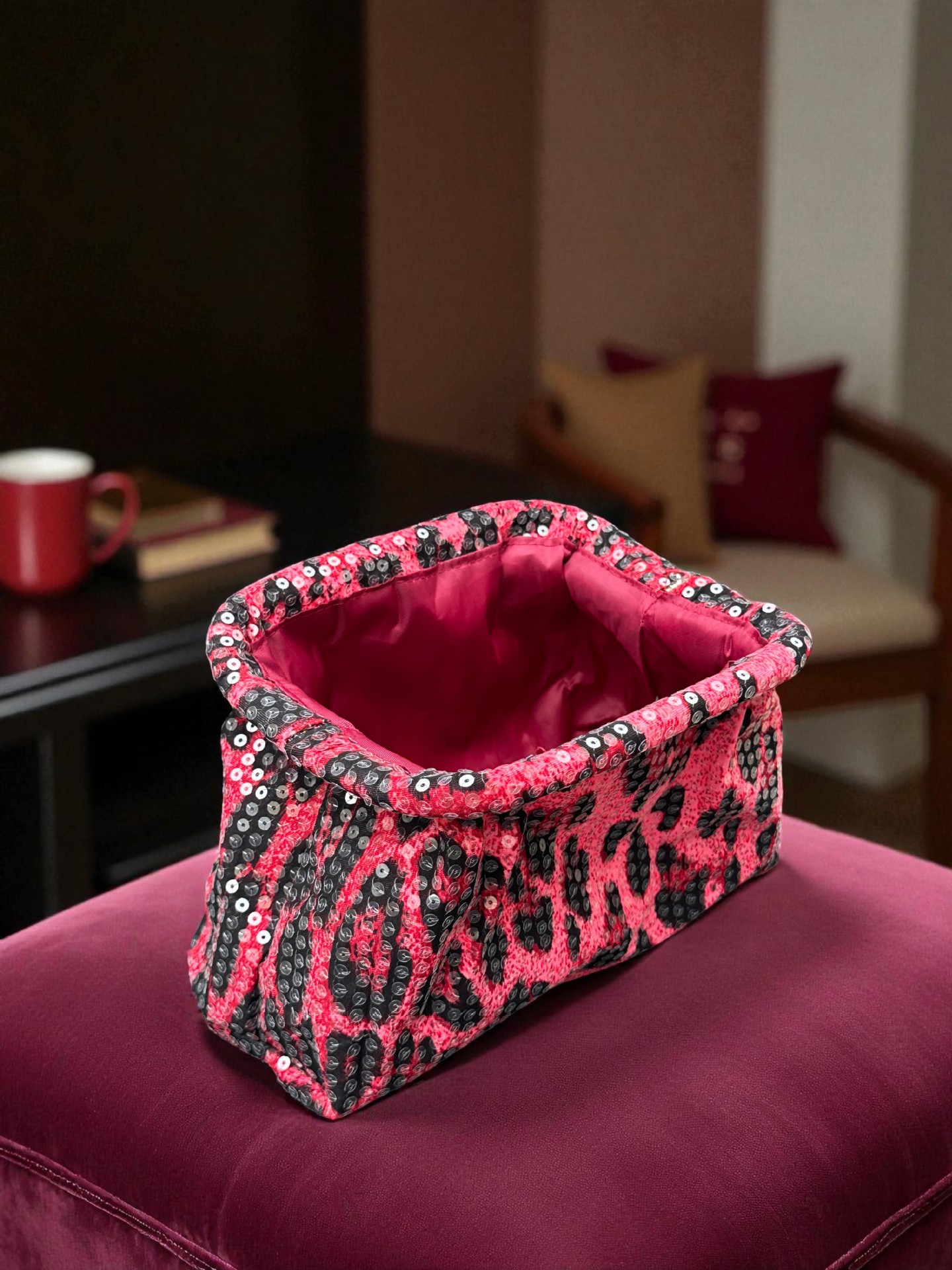 Fuchsia Sequined Leopard Print Clutch Bag For Women Evening Accessory_voghion.com